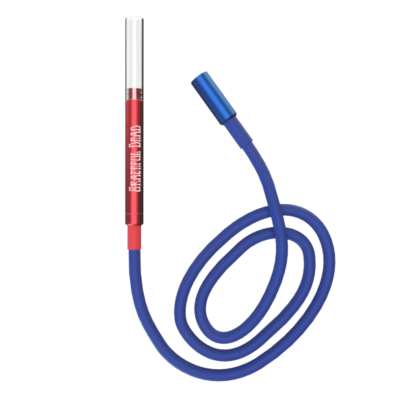 Top-down view of the Grateful Dead x Stündenglass Kompact Hose Assembly showing a coiled blue hose with a red metallic mouthpiece labeled “Grateful Dead.”