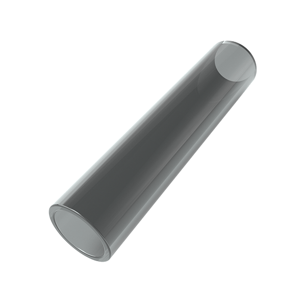 Angled close-up of the Gray Glass Hose Tip showing its translucent gray cylinder with glossy reflections against a pale background