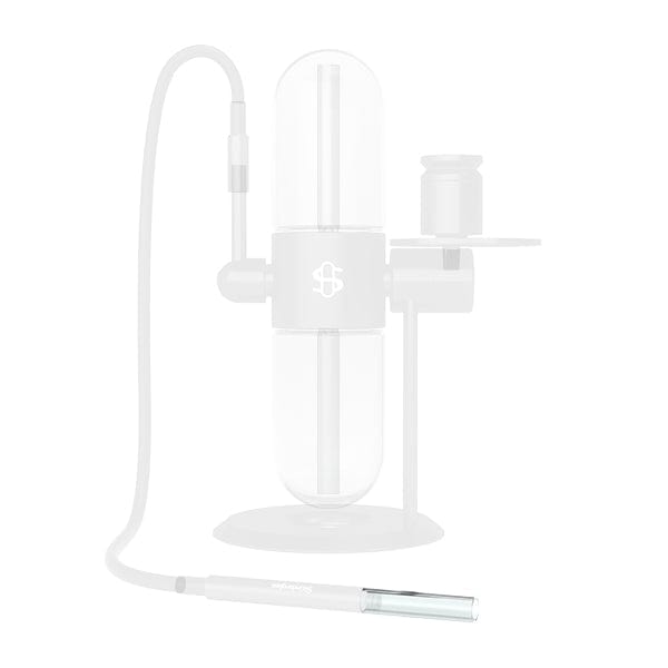 Close-up, low-angle view of the Gray Glass Hose Tip resting in front of a translucent, tabletop vaporizer silhouette.
