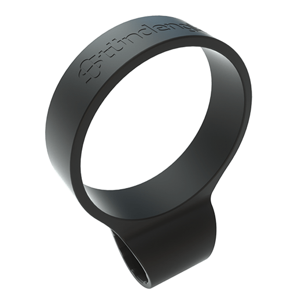 Angled close-up of the black Hose Clip - Black showing its smooth circular band and embossed branding on a soft shadowed background