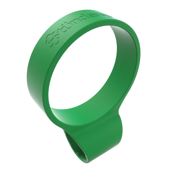 Angled close-up of the green Hose Clip - Green showing its smooth circular band, embossed logo, and integrated tail against a white background