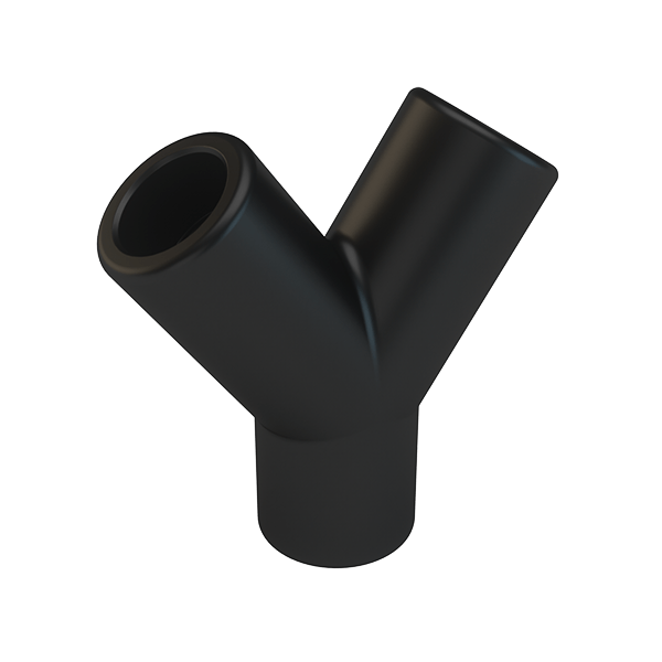 Angled studio shot of the Hose Splitter (Black) showing its matte black Y-shaped body and two raised side outlets against a neutral background