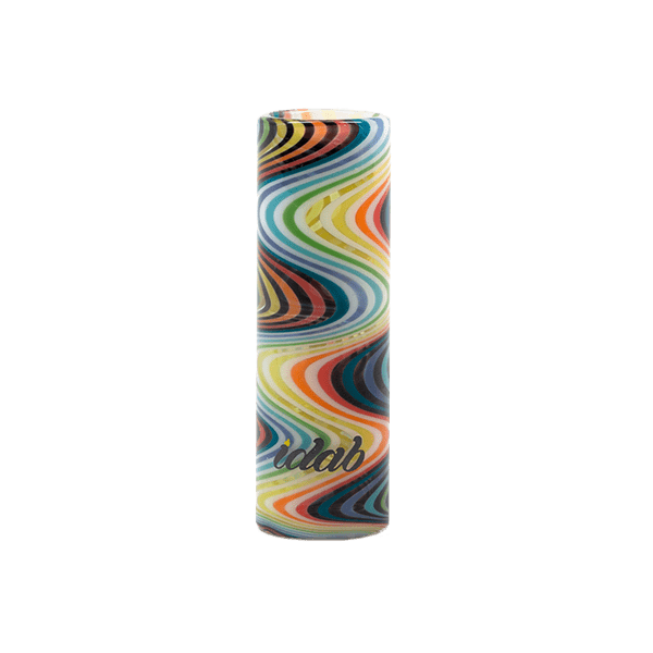 Straight-on view of the iDab Glass Hookah Hose Tip (Rainbow + Clear) showing a cylindrical rainbow swirl pattern on white.