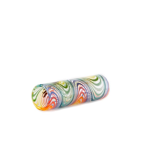 Angled close-up of the iDab Glass Hookah Hose Tip (Rainbow + Clear) showing its multicolored spiral pattern inside clear glass on a white background