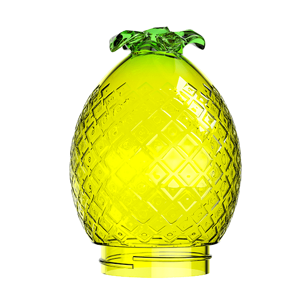 Front-lit close-up of the Kompact Pineapple Globe (Single) showing its faceted yellow glass body and green leafy top from a slightly low angle.