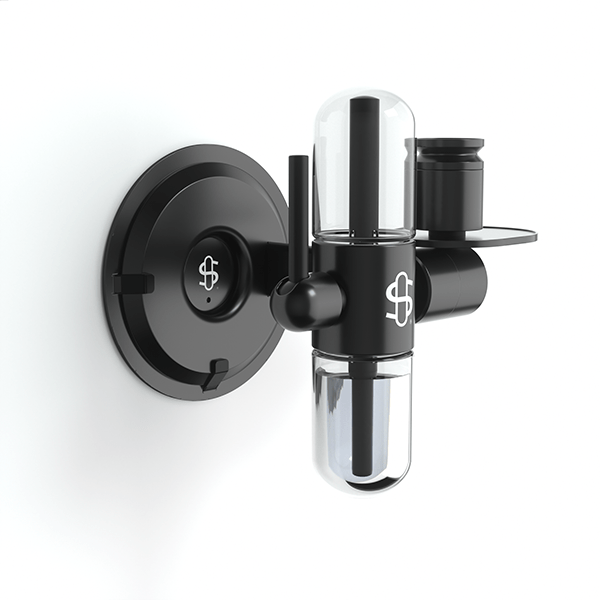 Angled close-up of the black Kompact Wall Mount showing its round wall plate, tubular glass capsule, and matte metal arm against a white background