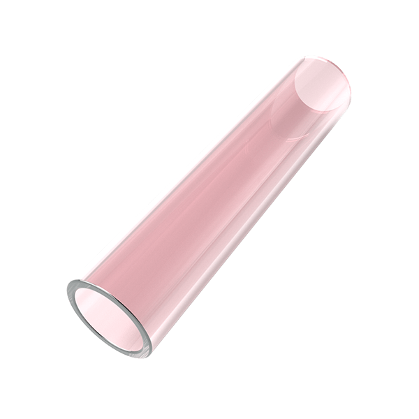Angled close-up of the translucent Pink Glass Hose Tip showing its glossy pink cylinder and beveled open end against a white background.