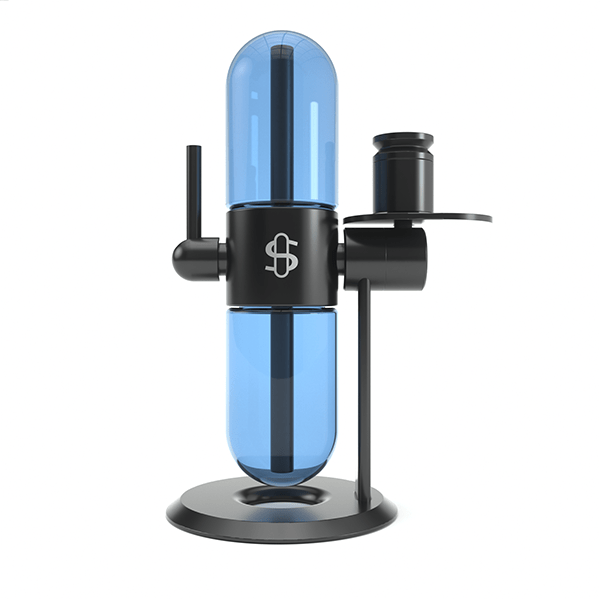 Front-facing studio shot of the Single Blue Glass Globe (Large) showing a tall translucent blue glass capsule mounted in a black metal clamp and round base, lit evenly on white.