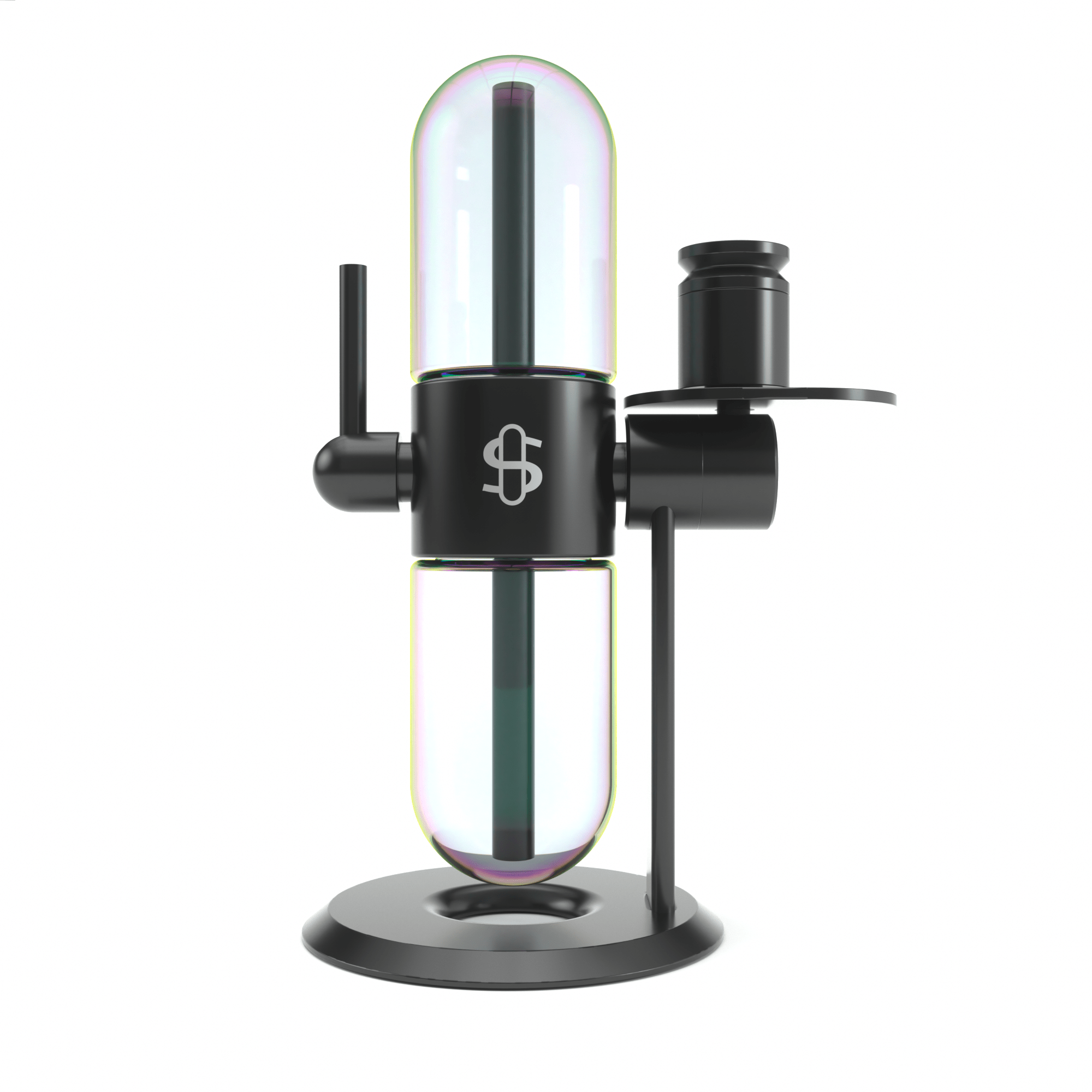 Close-up front view of the Single Bubble Glass Globe (Large) showing an iridescent glass capsule mounted on a black metal base and fittings.