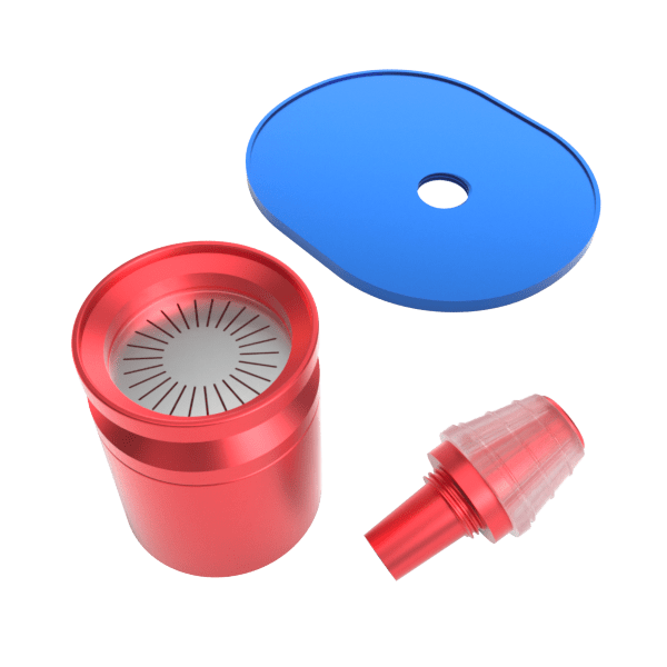 Isometric view of the disassembled Stündenglass Infusion Chamber Assembly - Blue and Red showing a red metallic chamber, a matching red mouthpiece piece, and a blue oval lid with center hole.