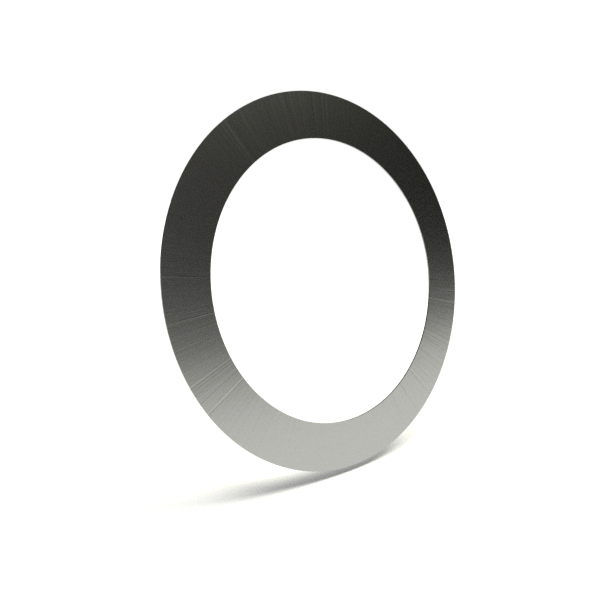 Angled view of a thin metallic ring casting a soft shadow, showing the Stündenglass Maintenance & Seal Kit circular gasket.