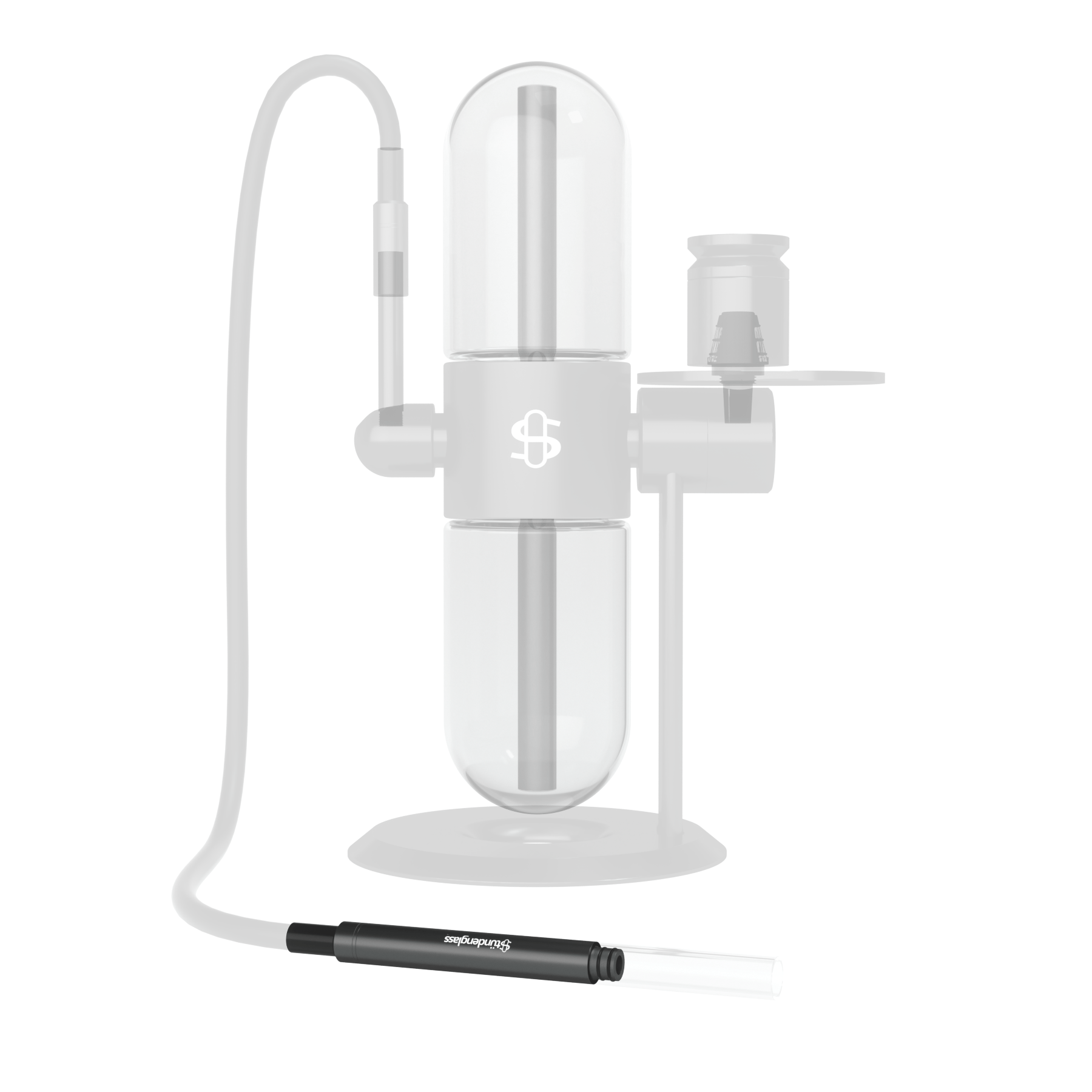 Close-up front view of the Taylor Gang x Stundenglass Wand showing its transparent vertical chamber, logoed central hub, and black hose handle.