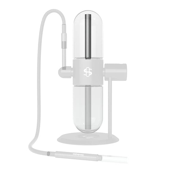 Front-facing studio shot of the Upstem (Large) showing its clear vertical capsule body, central metal tube, and attached hose against a white background