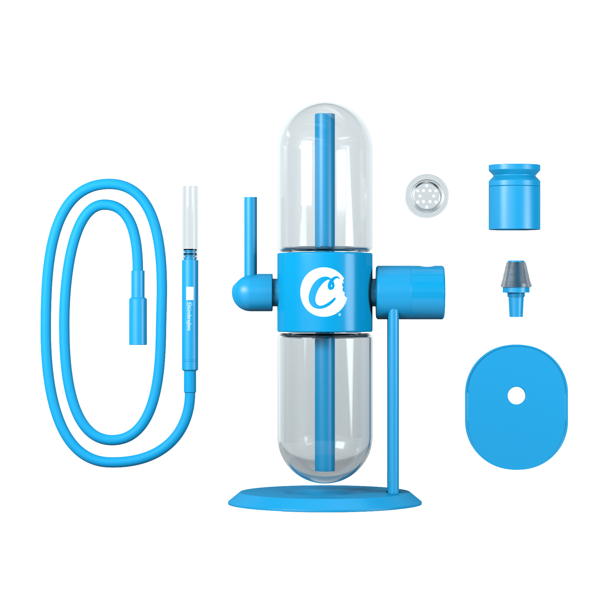 Centered front view of the blue Cookies x Stündenglass Gravity Infuser and its matching hoses and detachable parts on a white background.