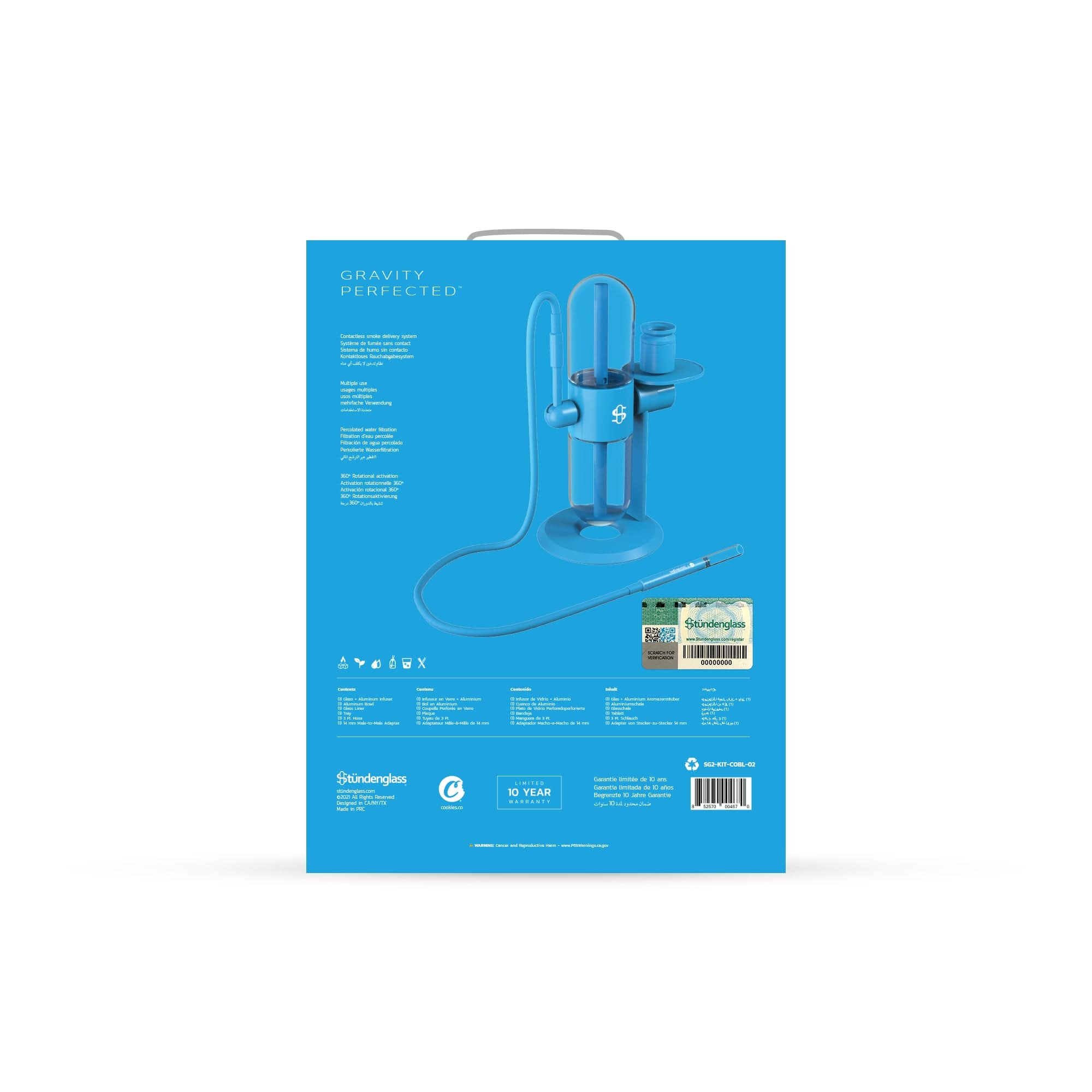 Centered poster-style view of a blue Cookies x Stündenglass Gravity Infuser against a matching blue background showing the unit, hose, and text.