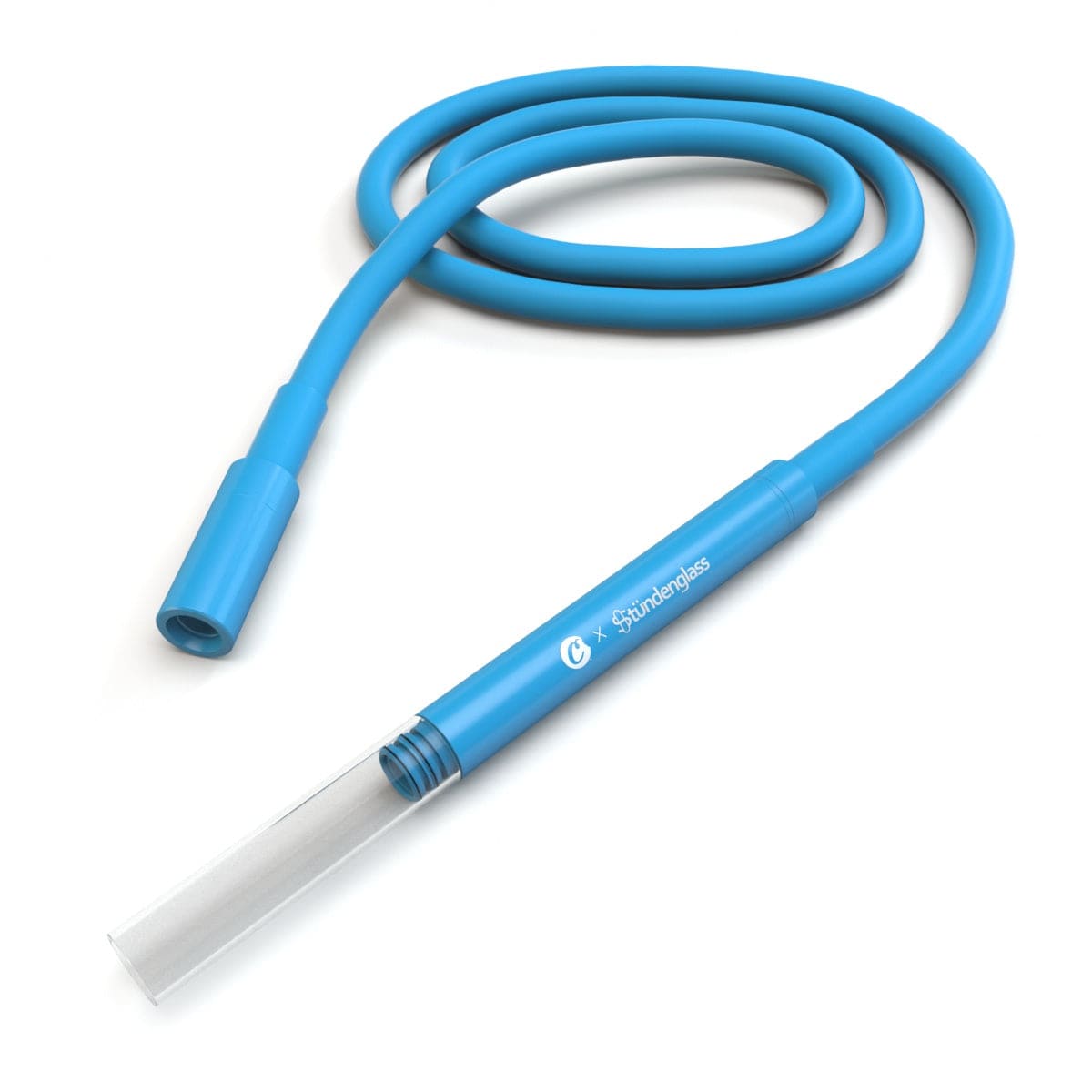 Angled close-up of the bright blue Cookies x Stündenglass Gravity Infuser hose and clear mouthpiece coiled on a white background.