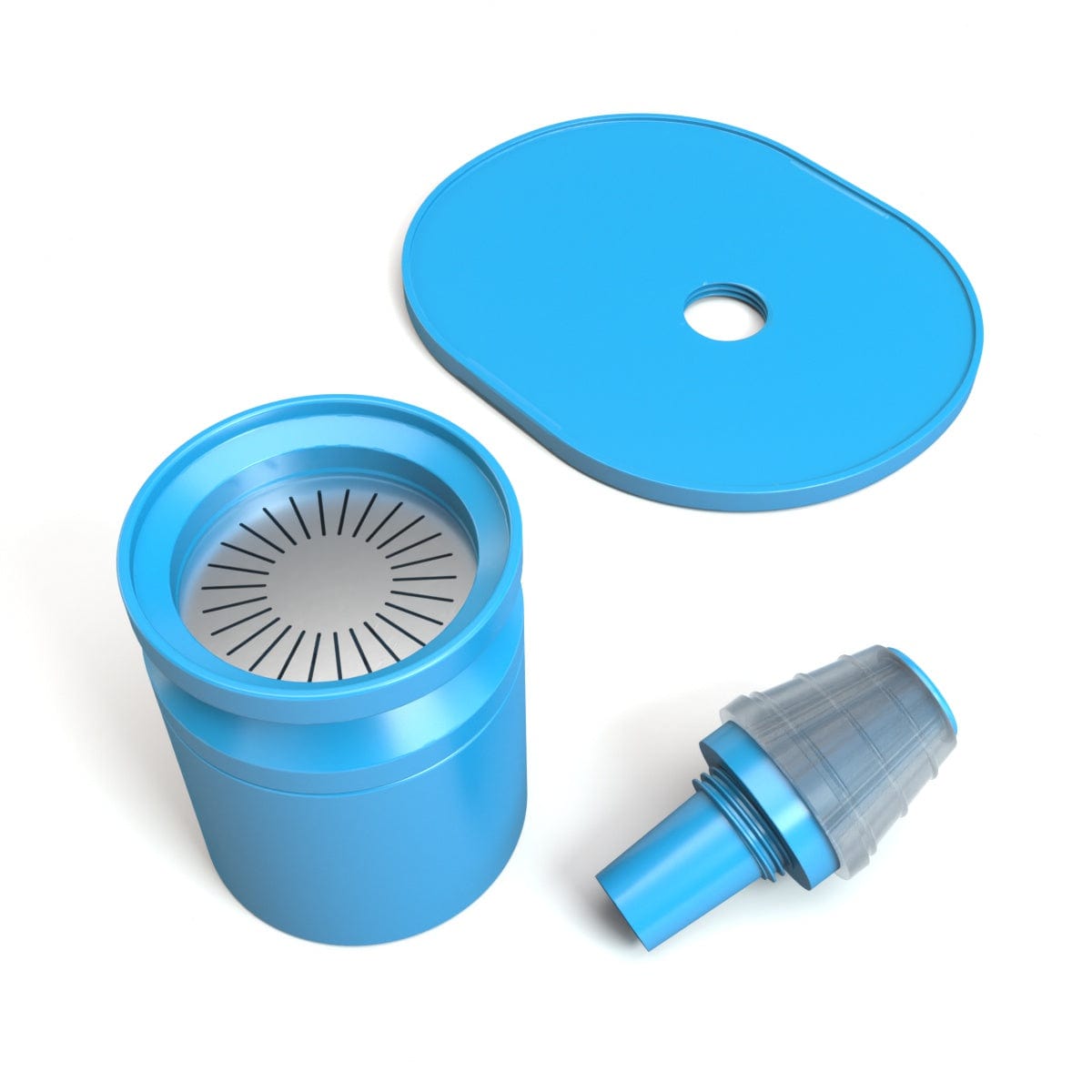 Angle view of the blue Cookies x Stündenglass Gravity Infuser components—cylindrical chamber with slotted metal insert, oval lid with center hole, and tapered nozzle on a white background