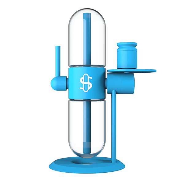 Front-facing studio shot of the Cookies x Stündenglass Gravity Infuser in bright blue with clear glass chambers and a centered dollar-sign logo.