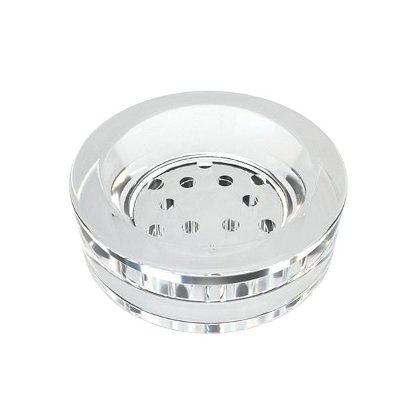 Top-down view of the clear Cookies x Stündenglass Gravity Infuser accessory showing its circular layered acrylic body with a perforated central dish.