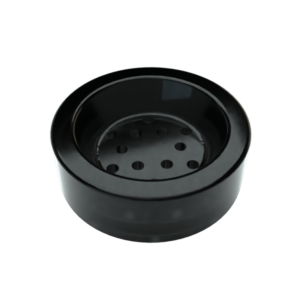 Top-down angled view of a glossy Black Glass Liner showing its shallow round basin and evenly spaced drain holes on a white background