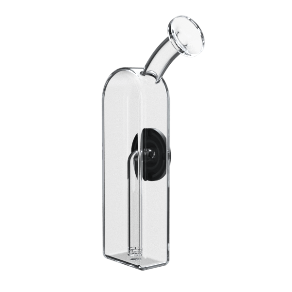 Angled front view of the clear Modül Dok water chamber with a curved mouthpiece and visible internal tube against a neutral background