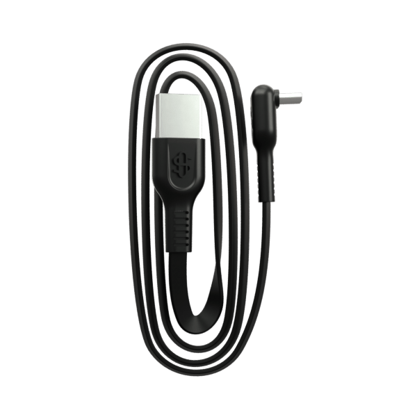 Top-down view of the coiled black charging cable with a right-angled USB connector, Modül Dok positioned centrally on a white background