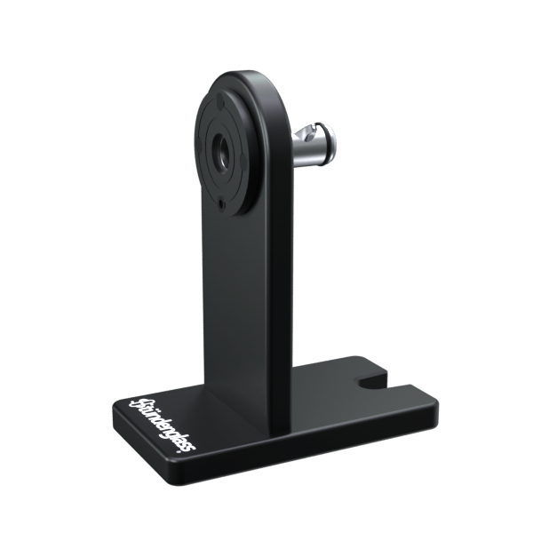 Angled studio view of the Modül Dok - Bubble Glass black stand with its upright arm, circular hinge detail, and chrome pivot pin on a plain background