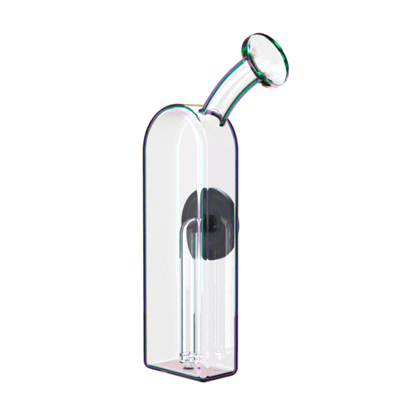 Three-quarter view of the Modül Dok - Bubble Glass showing a tall, clear rectangular tube with a curved neck and suction-mounted black percolator visible inside.