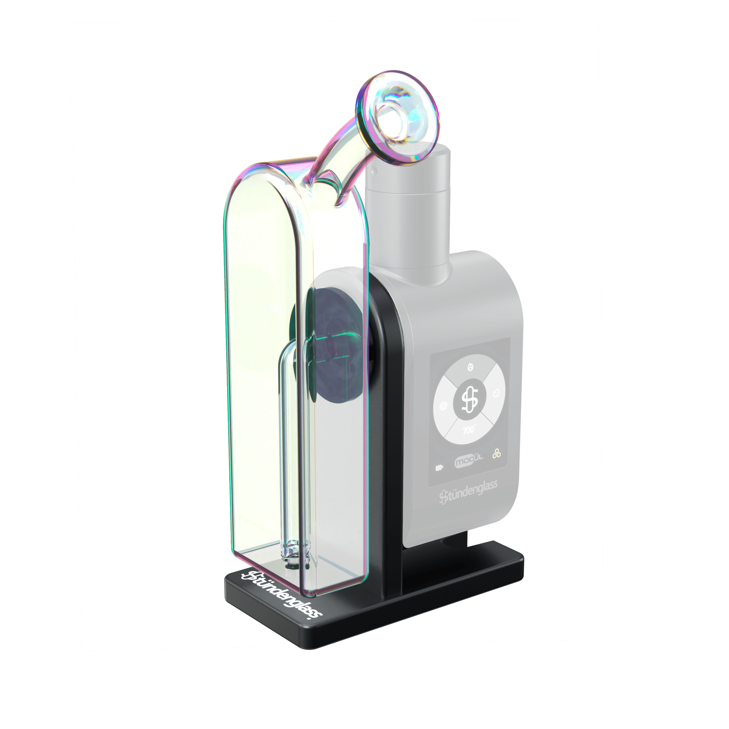 Angled close-up of the Modül Dok - Bubble Glass showing the iridescent curved glass piece and black control module against a black background