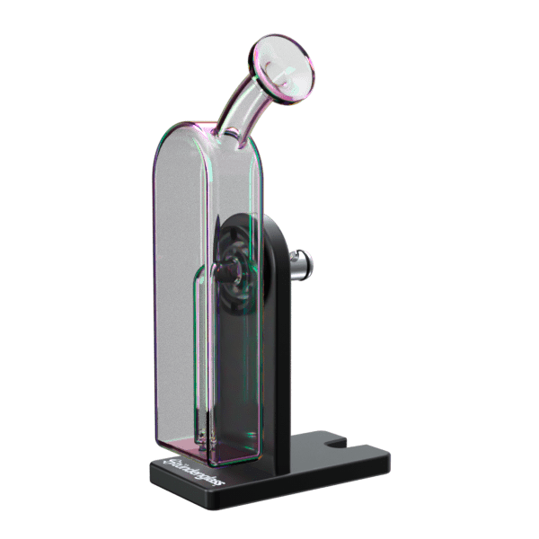 Three-quarter view of the Modül Dok - Bubble Glass showing its iridescent curved glass chamber mounted on a black L-shaped base.