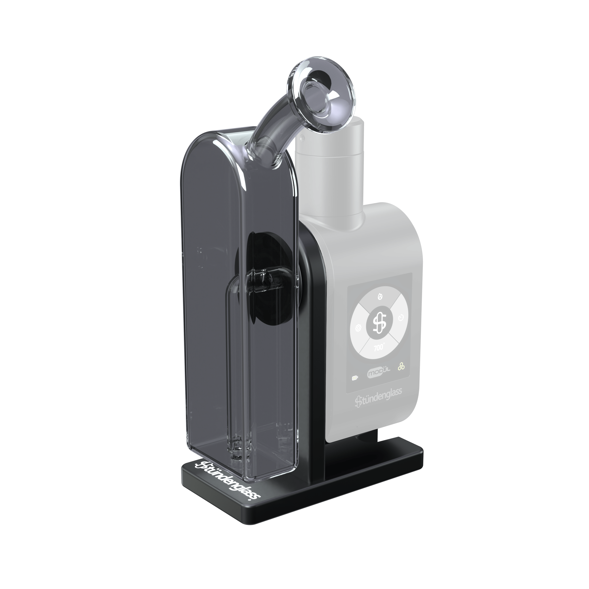 Angled close-up of the Modül Dok - Gray Glass mouthpiece and translucent chamber against a black background