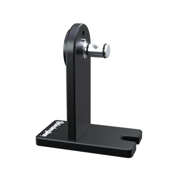 Angled view of the black Modül Dok - Gray Glass stand with a polished metal peg and rounded base on a pale background