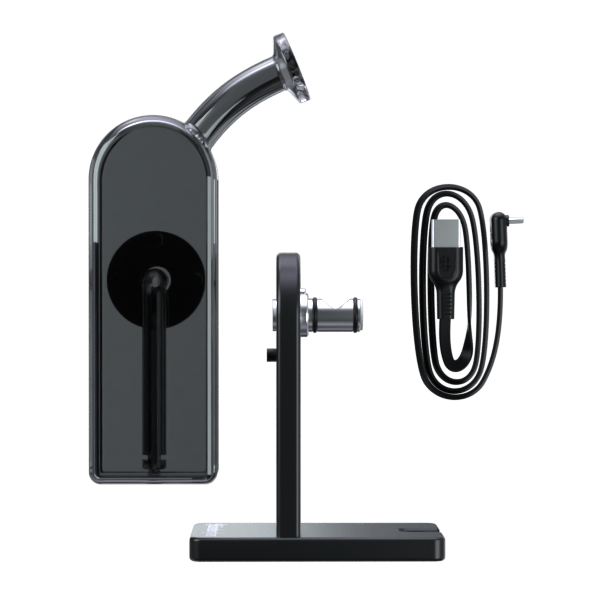 Top-down product layout showing the Modül Dok - Gray Glass device, its vertical stand, and a coiled USB cable on a white background