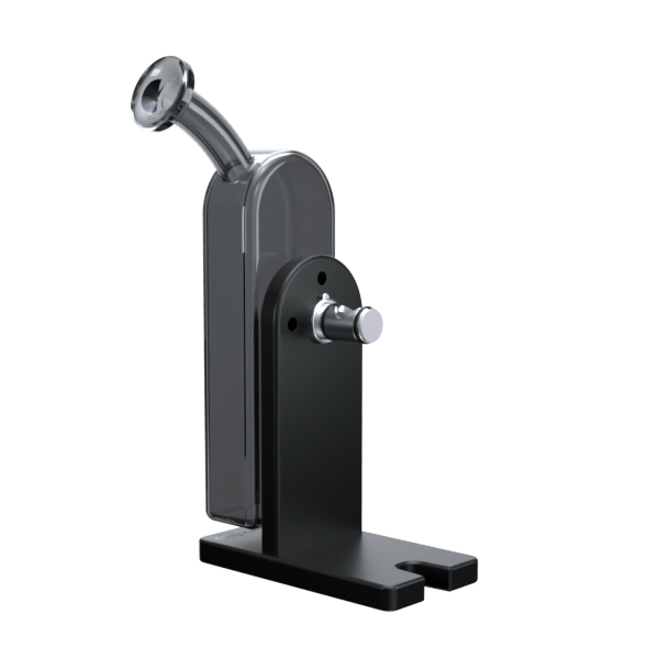 Angled studio view of the Modül Dok - Gray Glass showing its curved gray glass chamber mounted on a black metal base with a chrome knob.