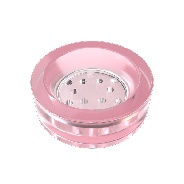 Top-down view of the Pink Glass Liner showing its translucent pink circular rim and perforated silver center on a white background