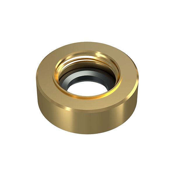 Angled close-up of a metallic gold Stündenglass Modül Quartz Concentrate Tank ring showcasing its threaded inner cavity and polished finish