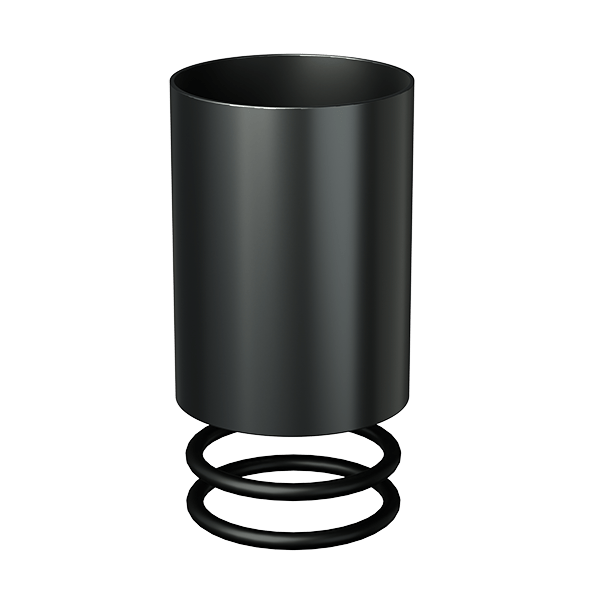 Angled front view of a matte black Stündenglass Modül Tank Sleeve with O-Rings showing the cylindrical sleeve above two stacked O-rings on a white background