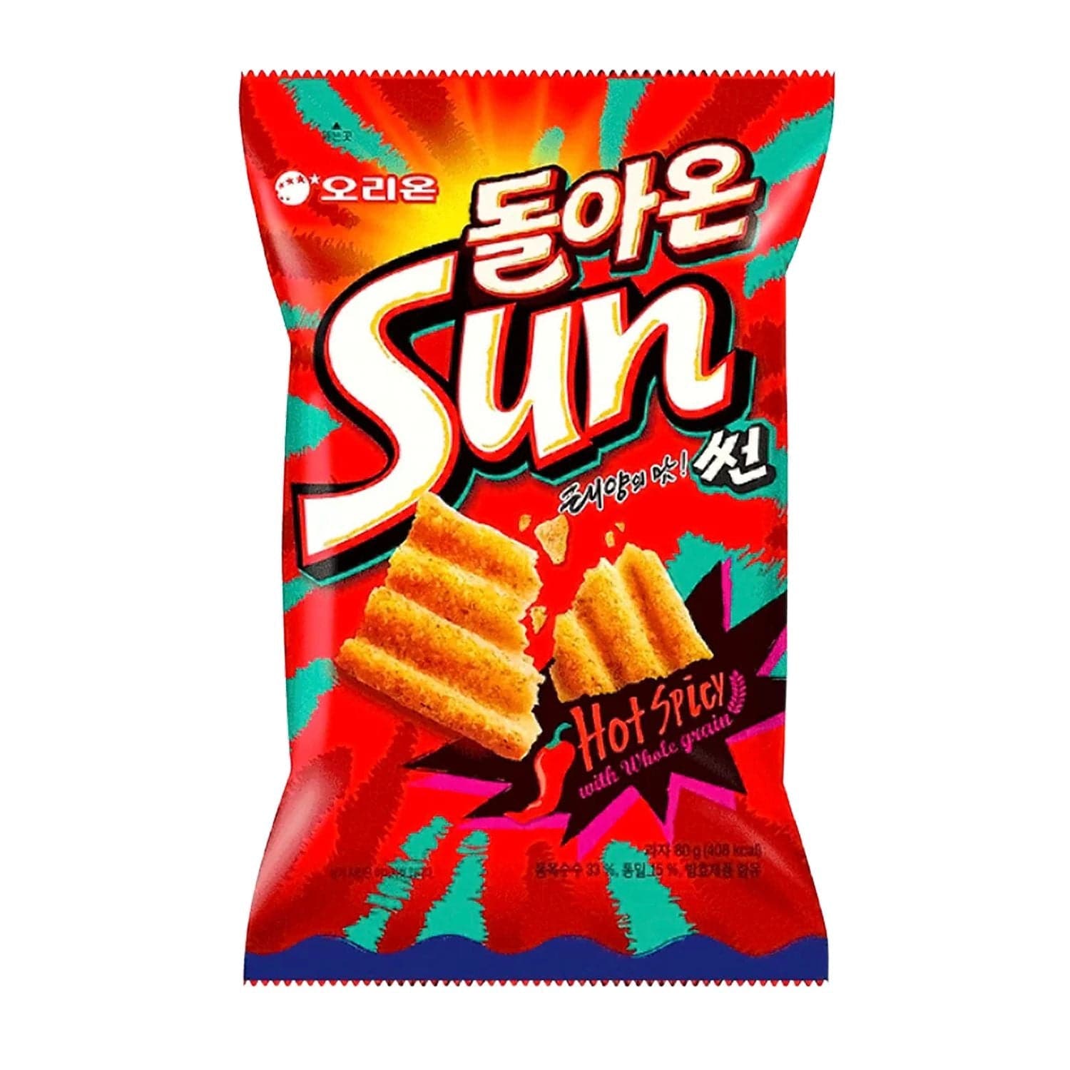 A front view of the Sunchip Hot Spicy (64g) package with Korean lettering, showcasing a vibrant, angled product display.