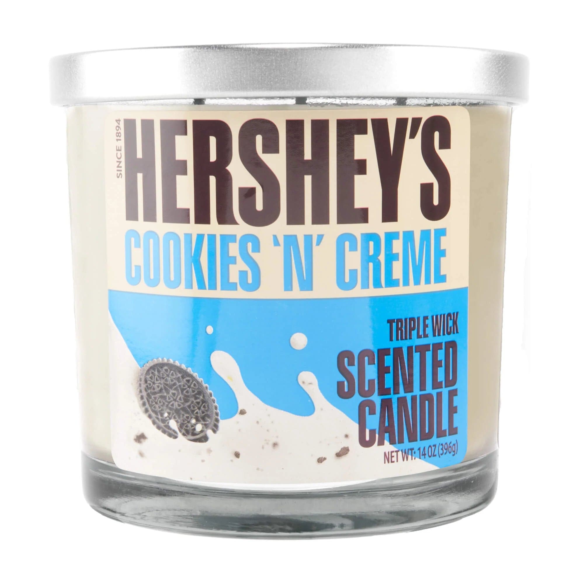 Close-up front view of a 14oz Candy Scented Candles jar labeled "HERSHEY'S" with blue "Cookies 'N' Creme" graphics and a silver lid.