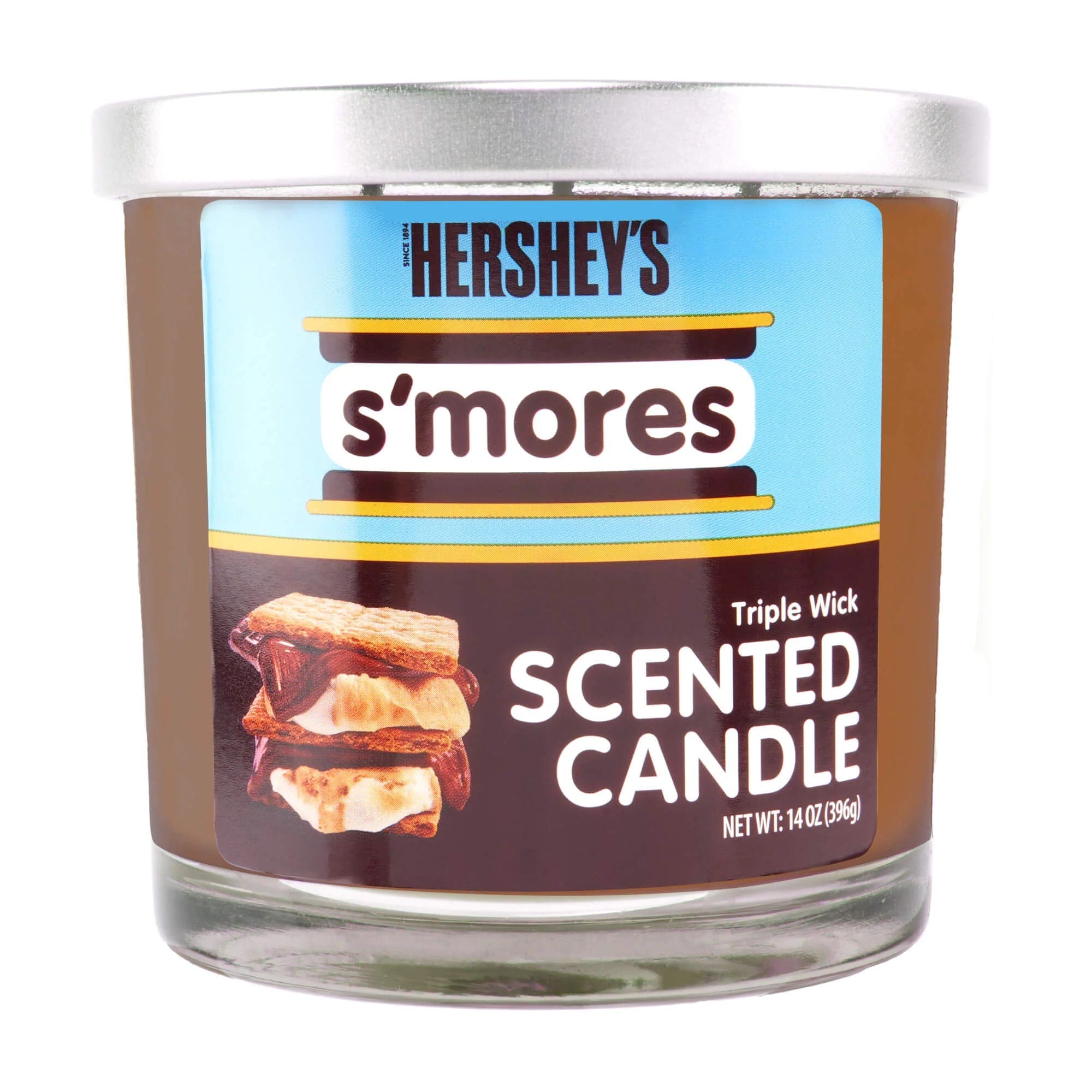 Close-up front view of the Hershey's 14oz Candy Scented Candles jar showing a silver lid, blue label with "s'mores" graphic and stacked s'mores photo.