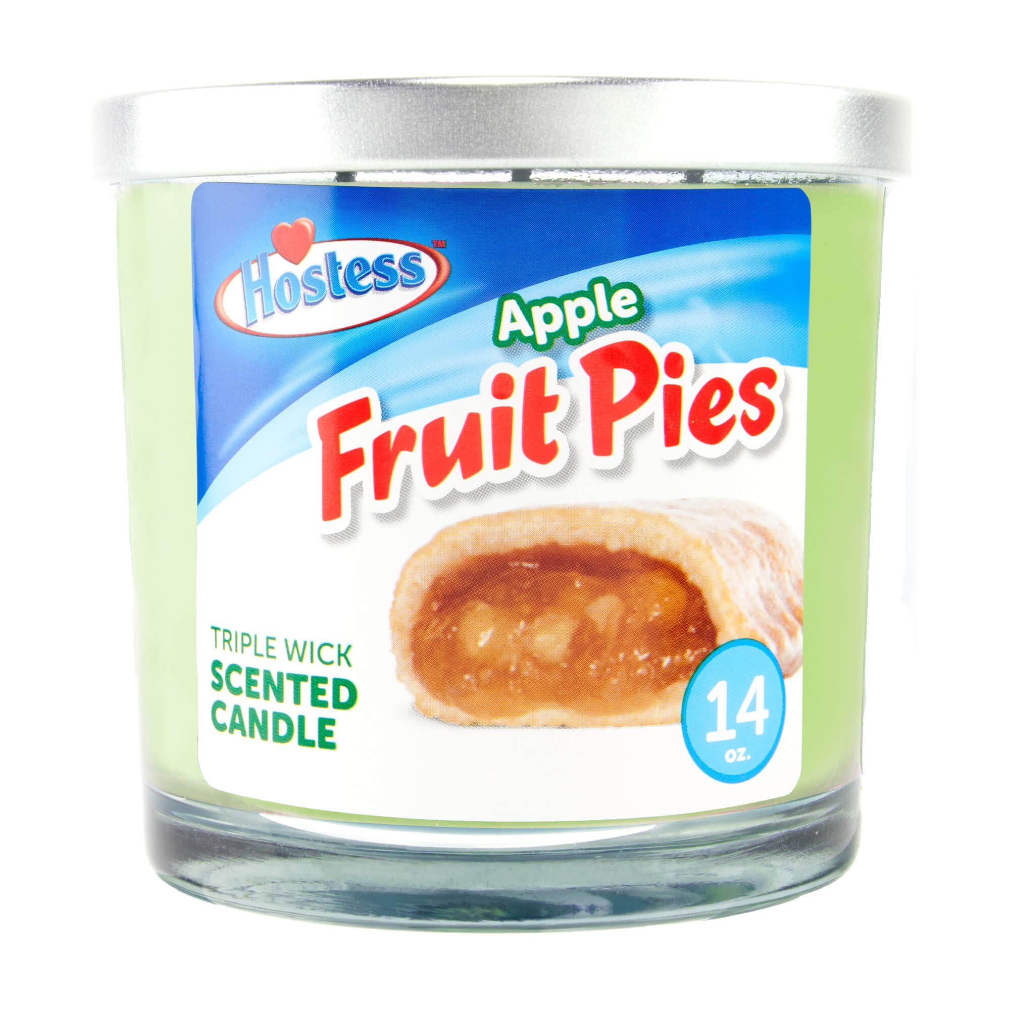 Close-up front view of a 14oz Candy Scented Candles Hostess jar showing the blue label with "Fruit Pies" text and a silver lid.