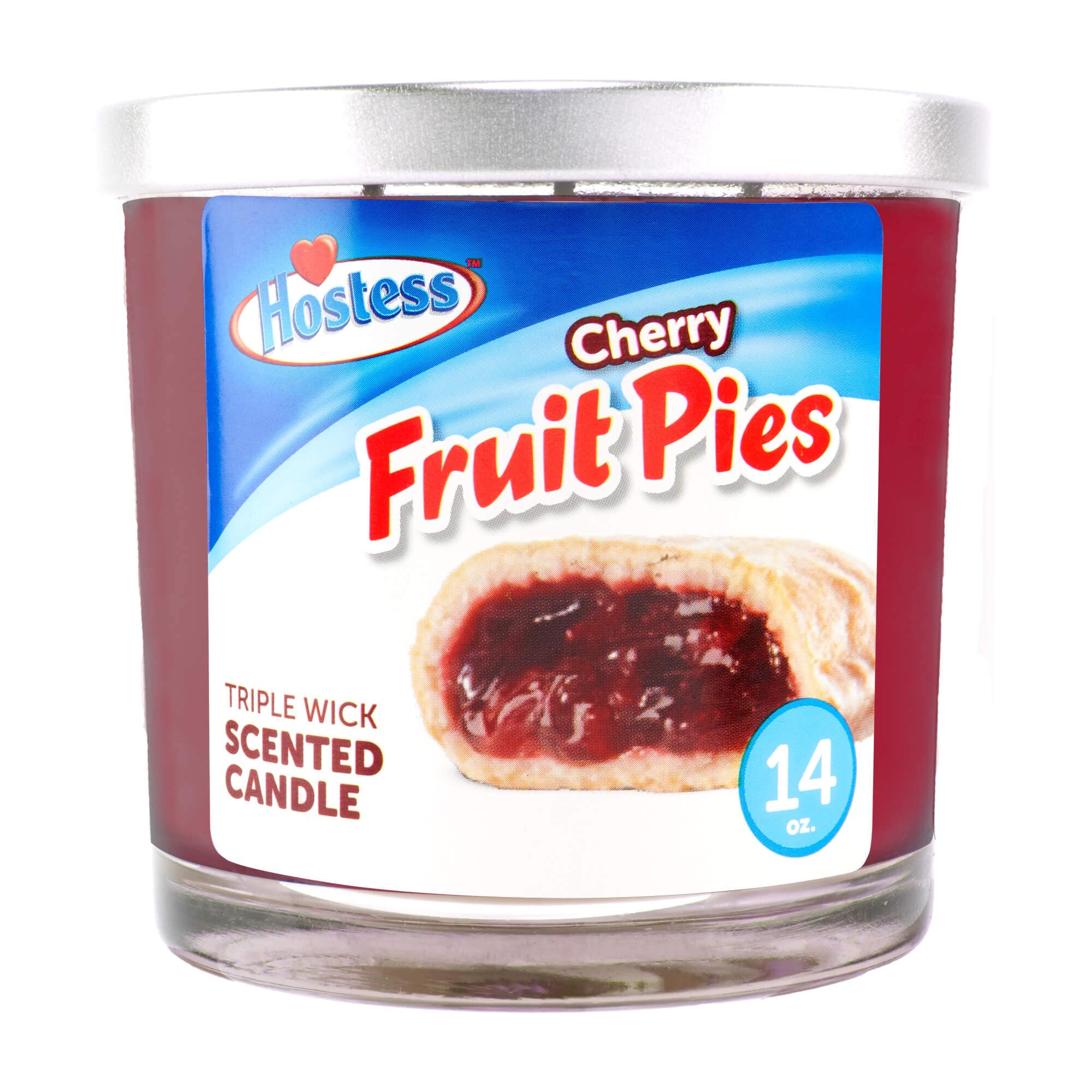 Close-up front view of a 14oz Candy Scented Candles labeled jar showing the Hostess logo and a cherry fruit pie image on a blue-and-white label.