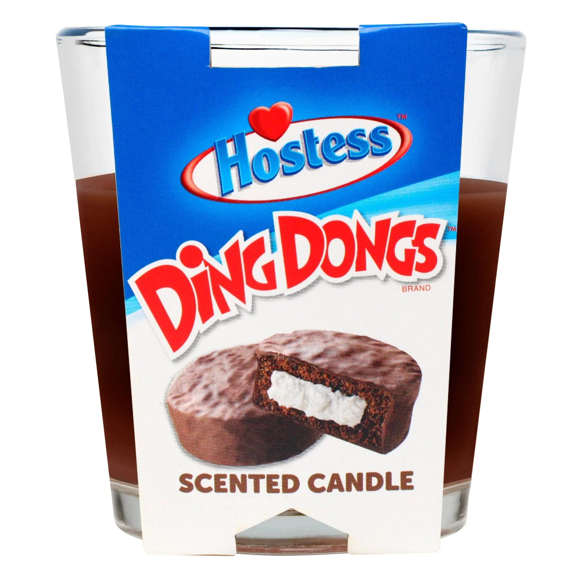 A close-up, front view of the 3oz Candy Scented Candles, shaped like a chocolate Hostess Ding Dong with a glossy finish.