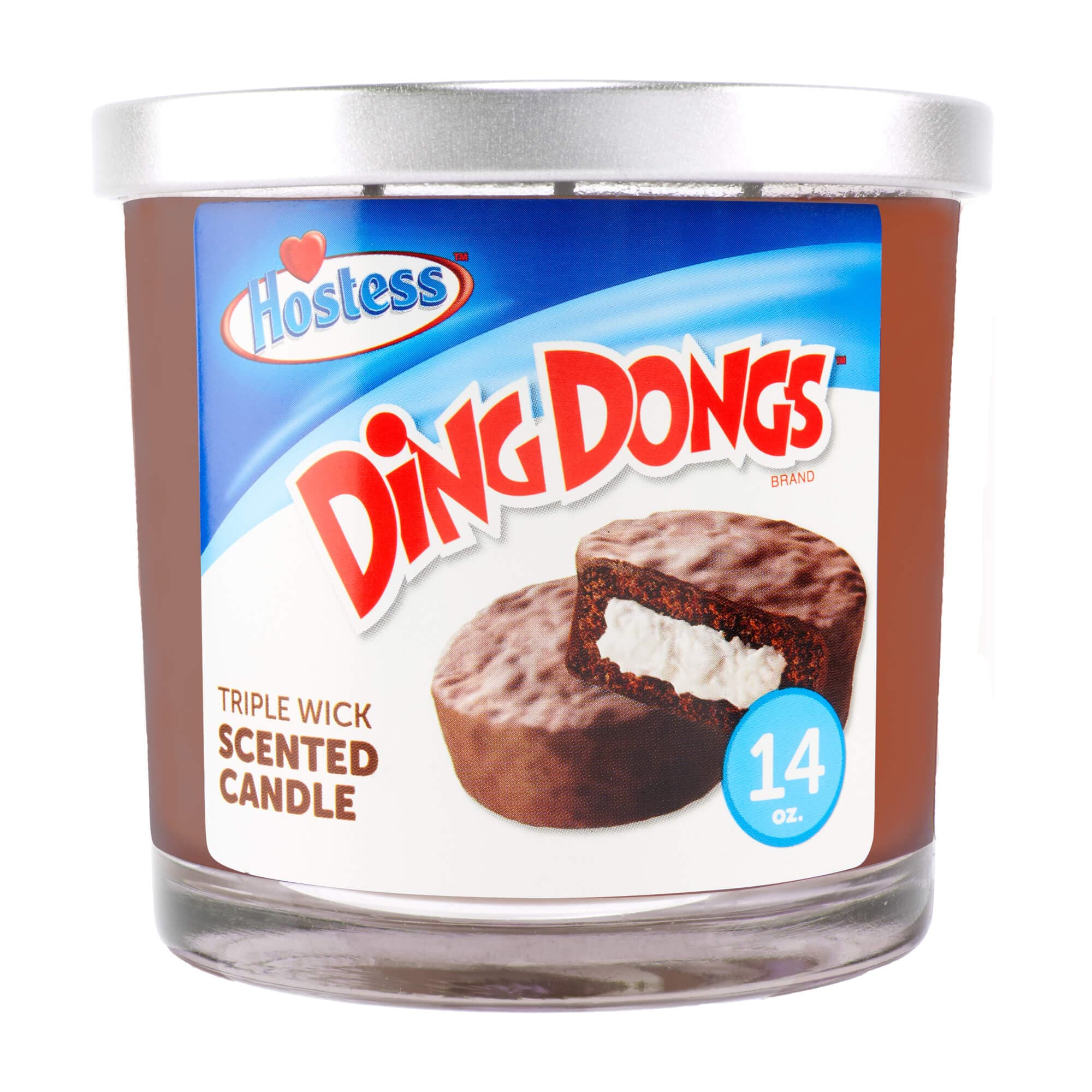 Close-up front view of the 14oz Candy Scented Candles showing a silver lid and a blue Hostess label with a partial DingDongs image.