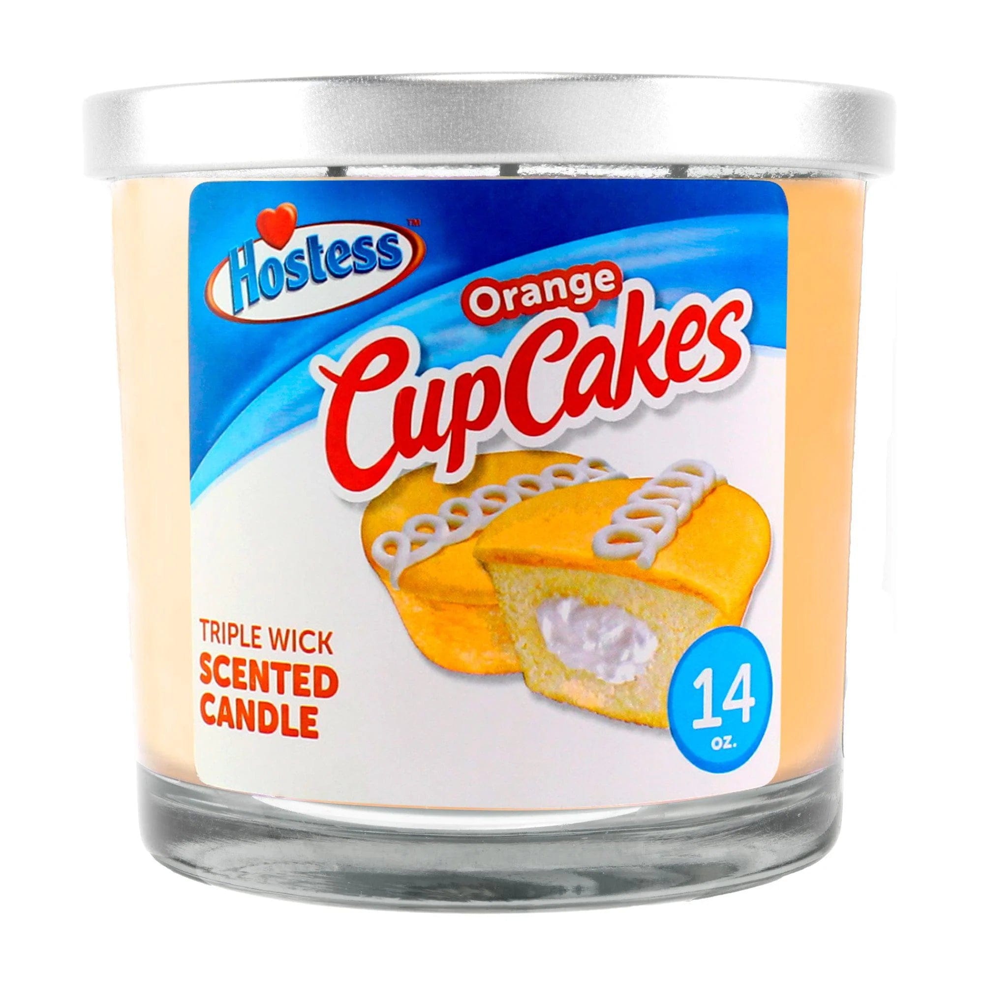 Close-up front view of the 14oz Candy Scented Candles showing the silver lid and cupcake label artwork.