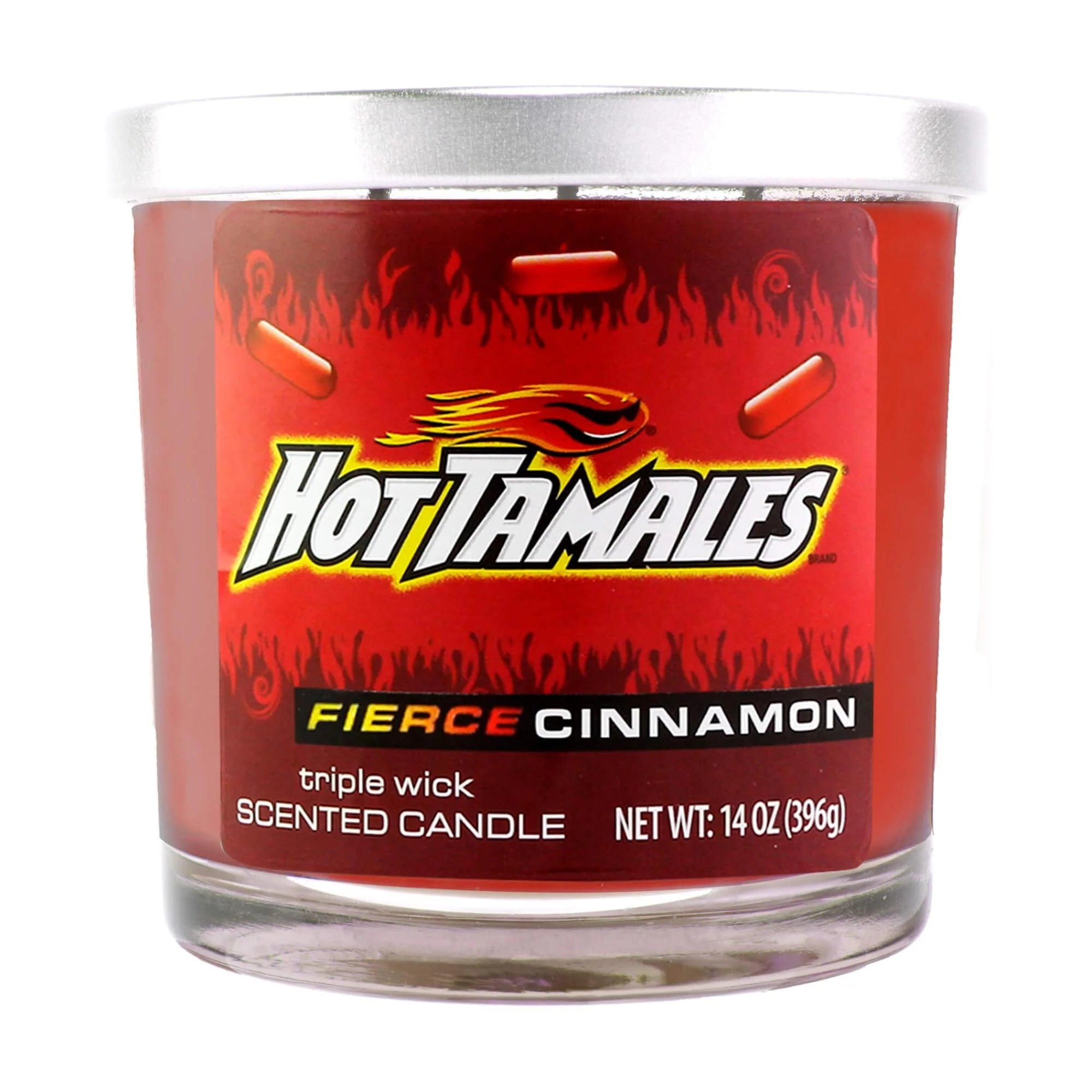 Close-up front view of the 14oz Candy Scented Candles jar showing a red "Hot Tamales" label with flames and a silver lid.