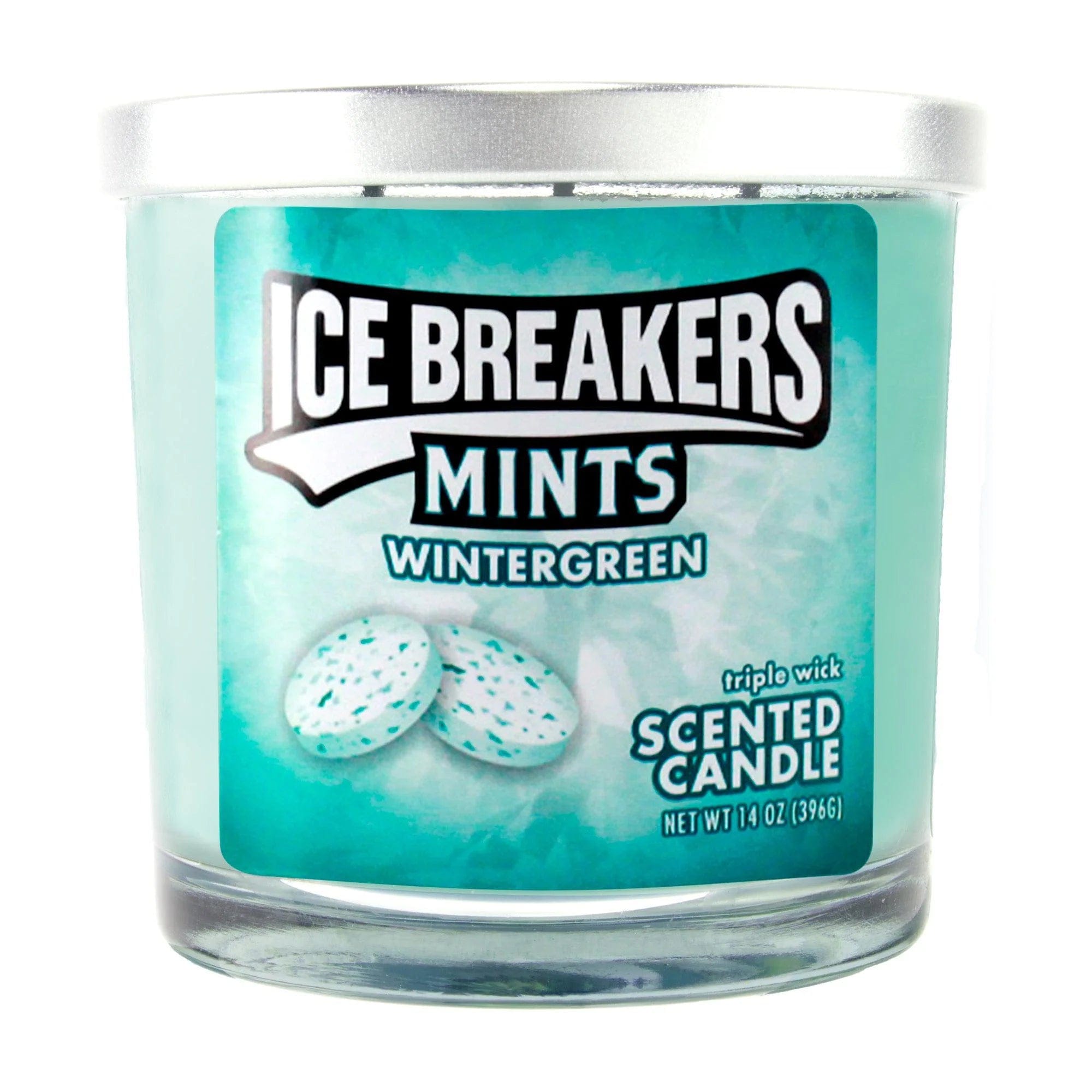 Close-up front view of a teal 14oz Candy Scented Candles jar labeled "Ice Breakers" with a silver lid and speckled mint candies on the label.