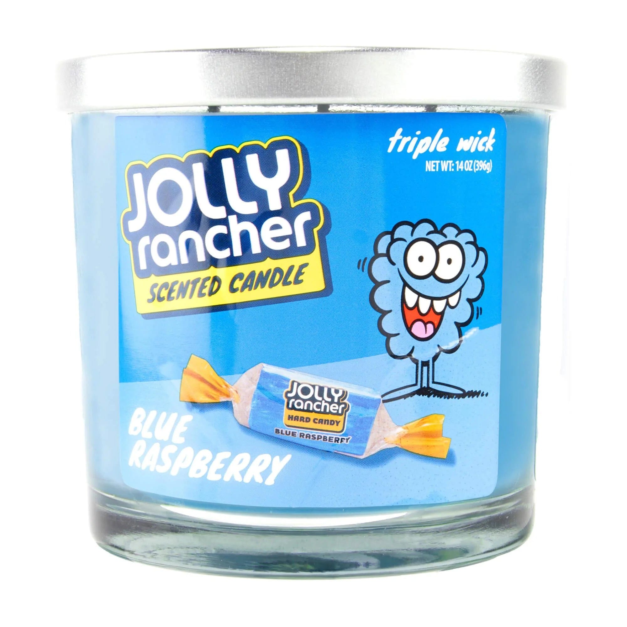 Close-up front view of the 14oz Candy Scented Candles jar showing a silver lid and a bright blue Jolly Rancher label with a cartoon character and wrapped candy.