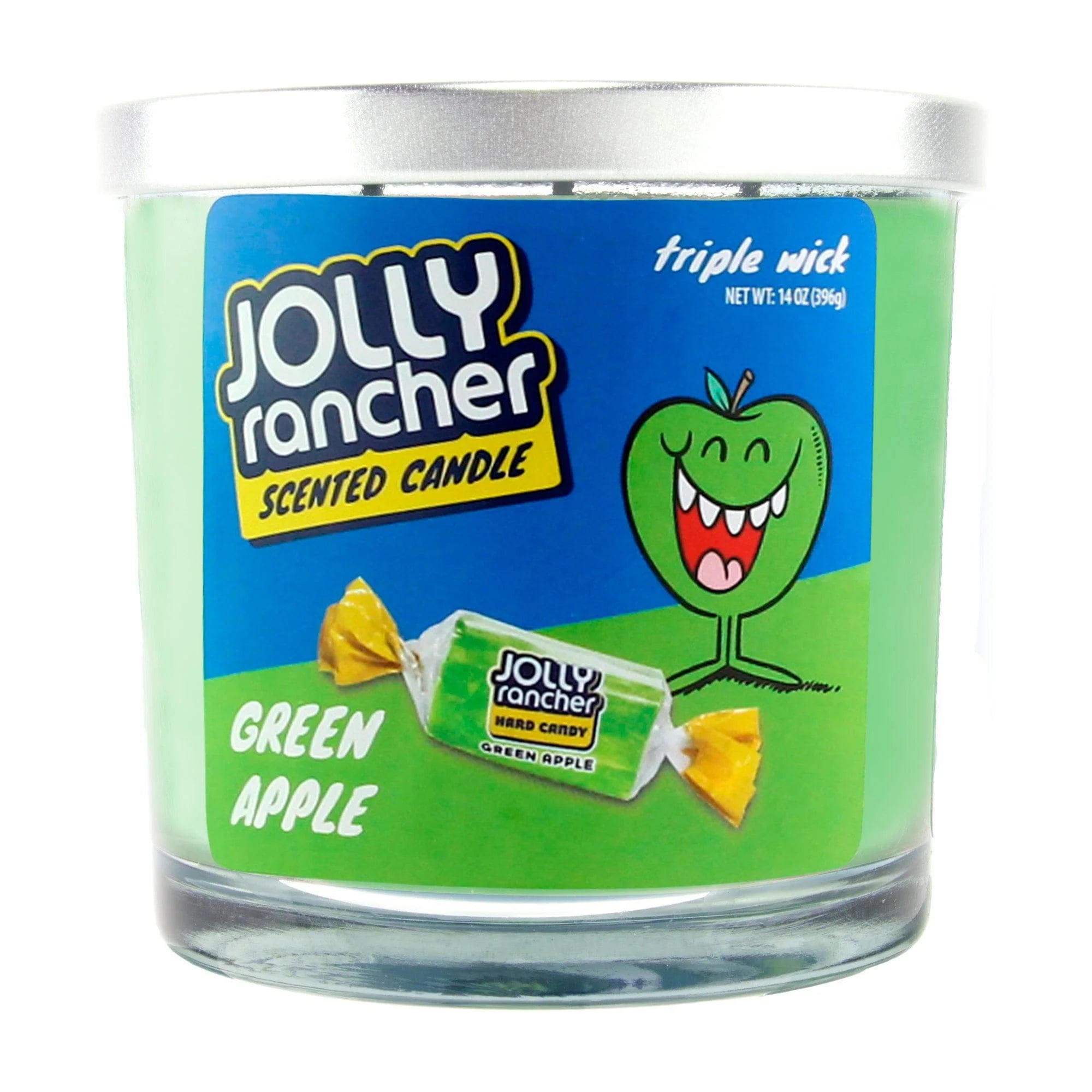 Close-up front view of a green 14oz Candy Scented Candles jar with a blue label showing a smiling green apple and candy, 14oz Candy Scented Candles.