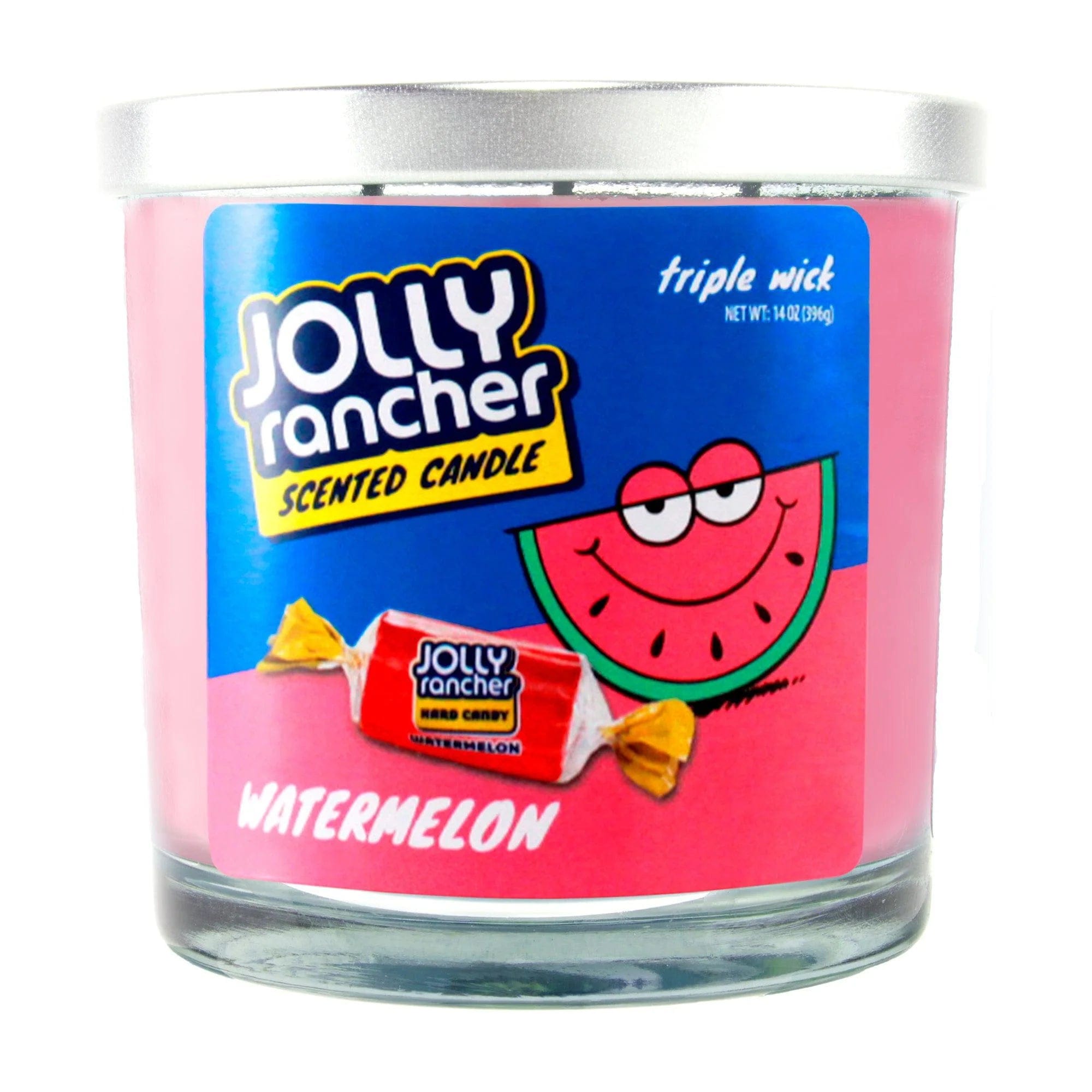 Close-up front view of the 14oz Candy Scented Candles jar showing a silver lid and bright label with a smiling watermelon graphic.